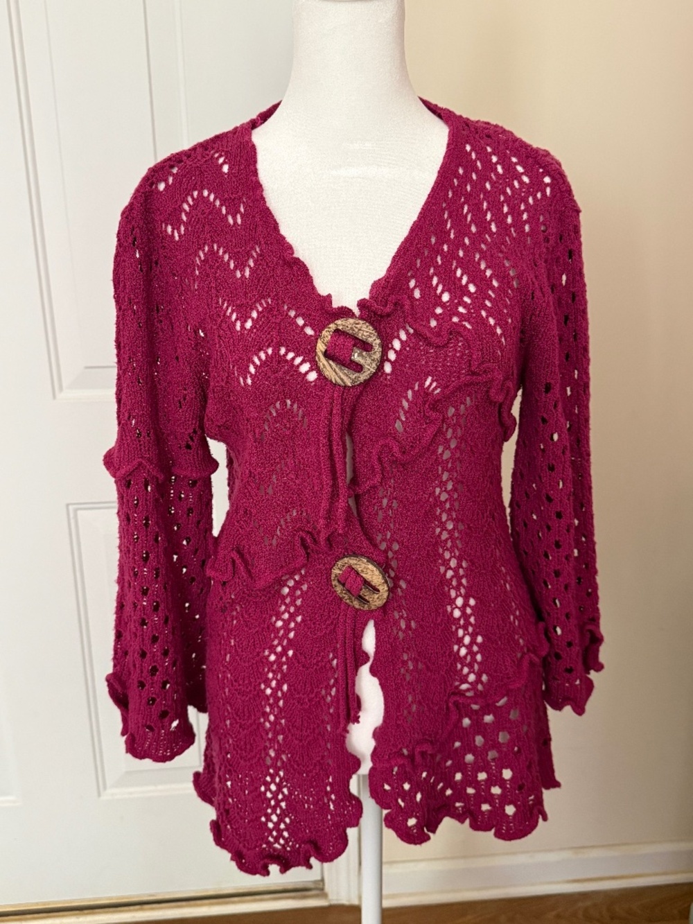 La Seine Cardigan Maroon Knit Crochet Ruffle Boho Pointelle, Size L, NWOT